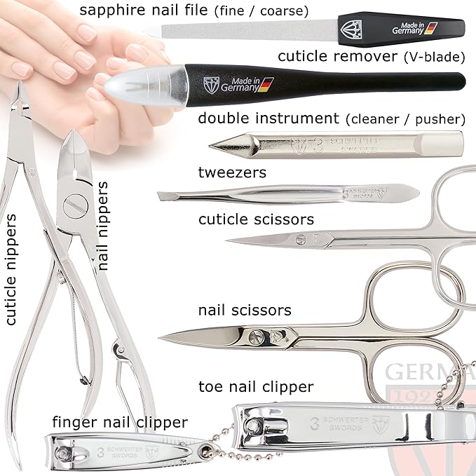 3 Swords Germany - brand quality 10 piece manicure pedicure grooming kit set for nail care scissors clipper pink synthetic leather case - Made by 3 Swords