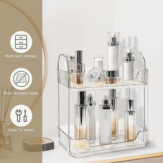 Bathroom Counter Organizer Countertop Storage Skincare Countertop Makeup Organizer Cosmetics Skincare Organizers Holder for Perfume-Clear White-Silver Pole