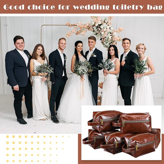 Hillban Groomsmen Gifts Set of 6 Groomsmen Toiletry Bag Leather Water Resistant Men's Travel Shaving Kit Bathroom Bag for Wedding Favor, Best Man Proposal Gifts(Dark Brown)