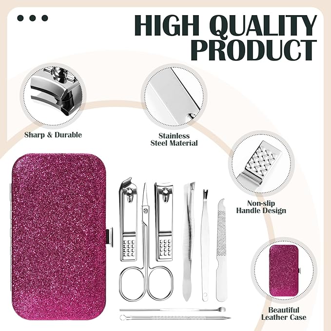 30 Sets Bulk Gifts for Women Manicure Set Bulk Professional Nail Care Kit Nail Clippers Kit 8 in 1 Stainless Steel Pedicure Set with Travel Case for Women Men(Fine Glitter)