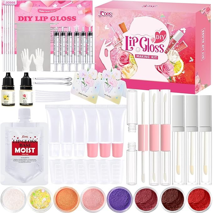 JCOOS Lip Gloss Making Kit, Make Your Own Lip Gloss Kit for Women Beginner, Girls, Diy Lipgloss Making Kits Lip Oil, Moisturizing Base, Pigments, Tubes, Women Gifts Unique, Popular Teen Girl Stuff