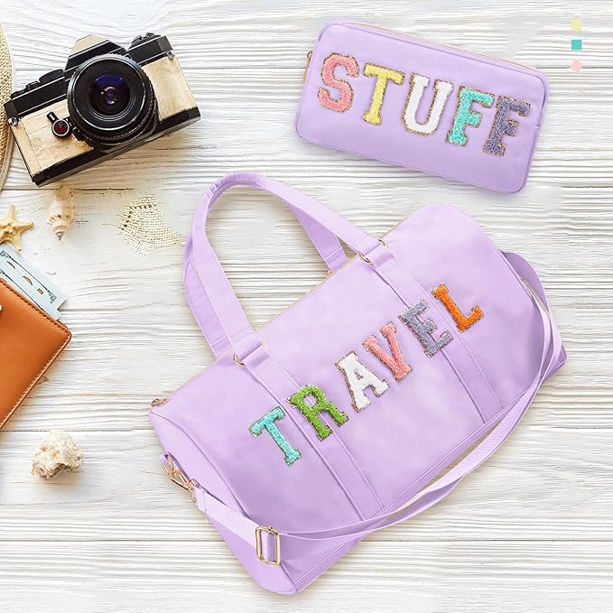 2 Pcs Preppy Chenille Letter Duffle Bag and Makeup Pouch, Travel Tote Bag Cosmetic Zipper Patch Makeup Bag (Light Purple)