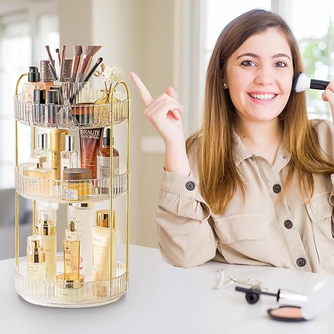 Aveniee 360° Rotating Makeup Organizer for Vanity, Perfume Skincare Bathroom Countertop Organizers, 3 Tier Spinning Skincare Storage with Brush Holder for Lipstick Cosmetic Lotion(White)