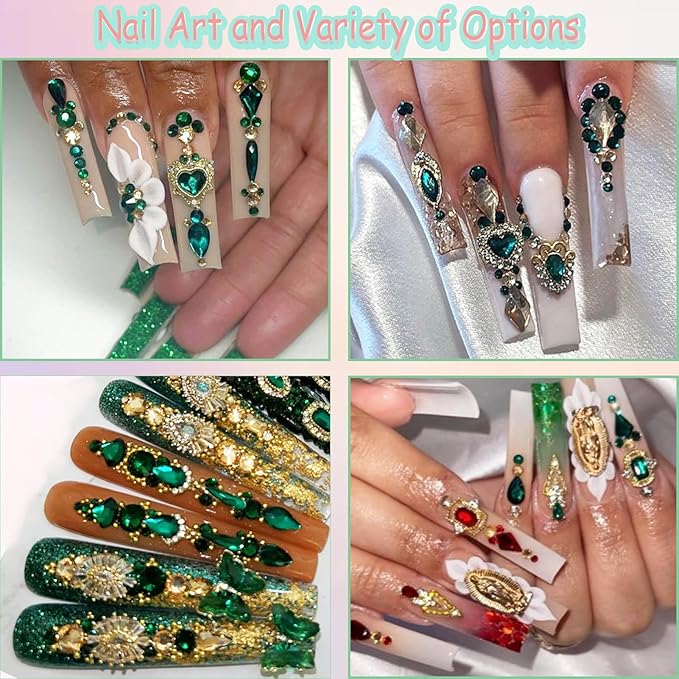 12 Types of Green 600 Diamonds + 2500 Flat Rhinestones Mix 20 Styles Flatback DIY Crafts Rhinestone Crystals 3D Decorations Flat Back Stones Set + Rhinestone Picker Wax Pen