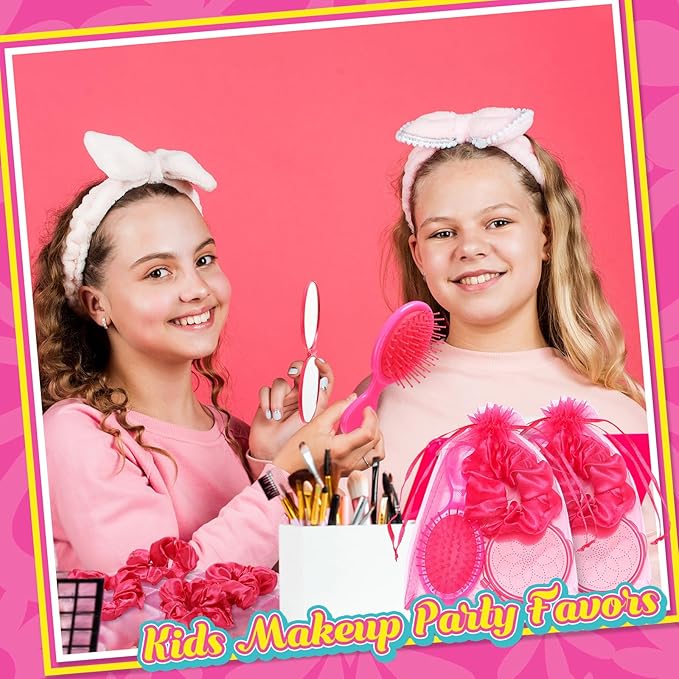 12 Set 12 Pcs Pink Girl Party Favors Kids Makeup Party Favor Pink Hair Brush Elastic Scrunchies Compact Cosmetic Mirror Organza Bags Hair Accessories for Girls Women