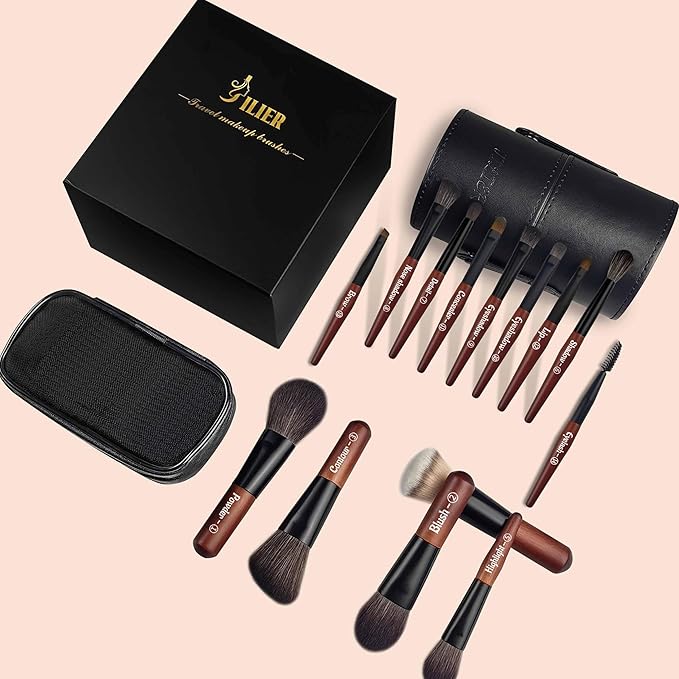 Jilier 14 pcs Mini Makeup Brushes and Pocket Mirror, Travel Makeup Brush Set, LED Compact Mirror with Light, Travel Size with Case, Portable for Handbag, Travel Essentials for Women