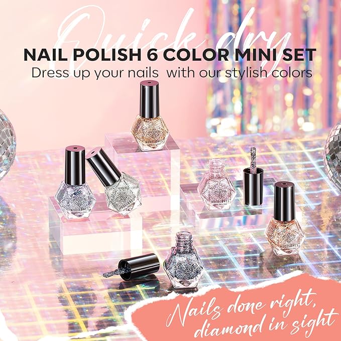 modelones Glitter Nail Polish 6 Colors Holographic Sparkle Glitter Mini Nail Polish Set Flash Diamond Black Silver Gold Quick Dry Manicure Diy Nail Art Salon Gift For Women Girl