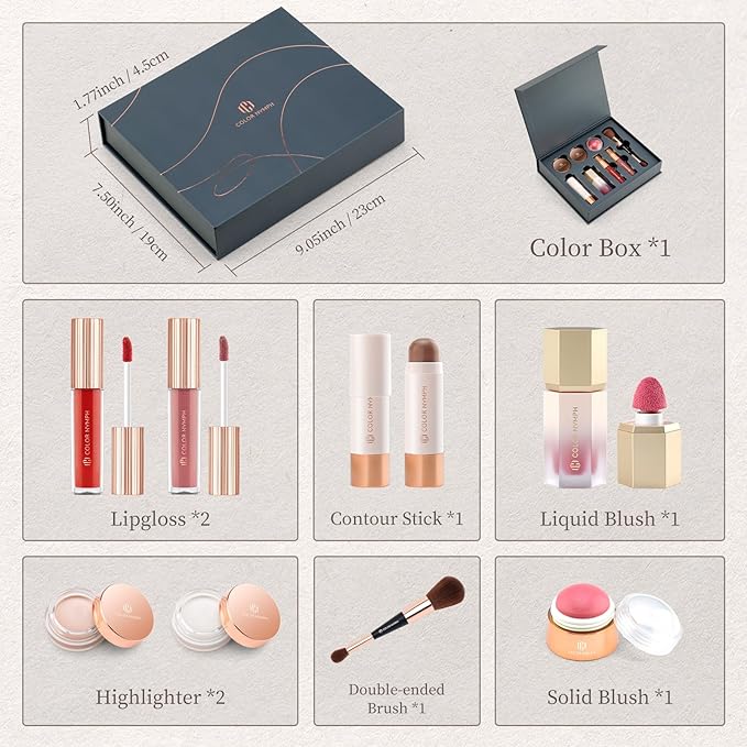 Color Nymph Face Makeup Kits - Special Edition, Makeup Set For Girl's Gift With Lipgloss Liquid Blush Solid Blusher Highlighters Contour Stick and Double-ended Brush For Lady Wife Girls