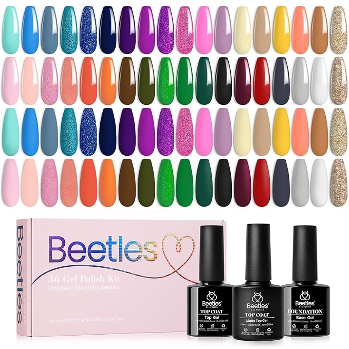 Beetles Gel Nail Polish Set 23Pcs Sparkle Red Pink Glitter Black Gel Polish Kit with 3Pcs Base Top Coat Soak off Uv Gel Polish Manicure Kit Gifts for Women Girls