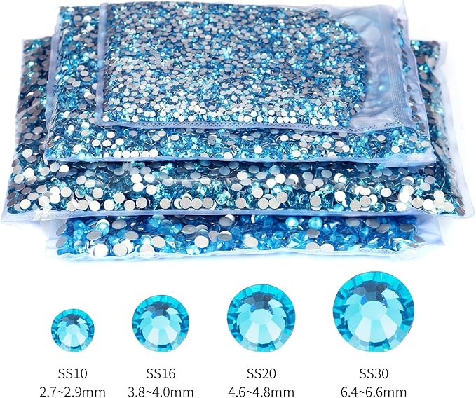10000PCS Aquamarine Rhinestones Bulk, Flat Back Crystal Glass Stone Round Gems,SS10, 2.7-2.9mm