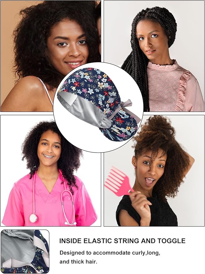 6 Pcs Satin Lined Scrub Caps Women Nurse Surgical Hat with Buttons Ponytail Working Adjustable Pouch Tie Back