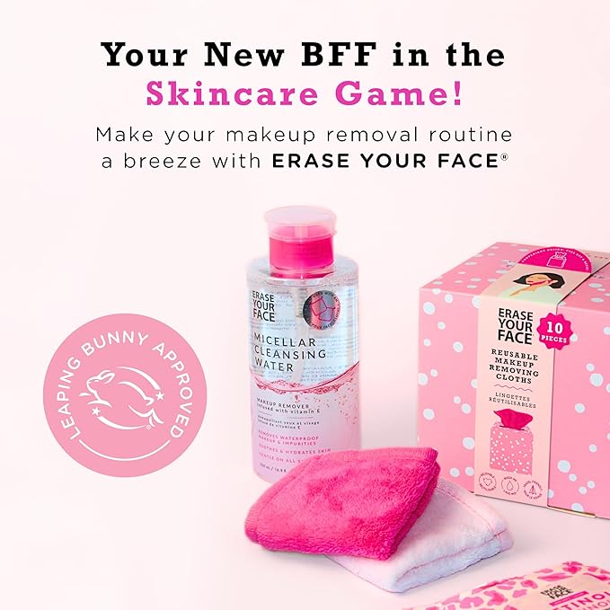 ERASE YOUR FACE Eco-Friendly Makeup Remover Cloths - Reusable Microfiber Face Towels to Cleanse & Remove Makeup - Water Activated, Dual-Sided Design for Easy Use - Eco-Friendly Packaging (4 Count)