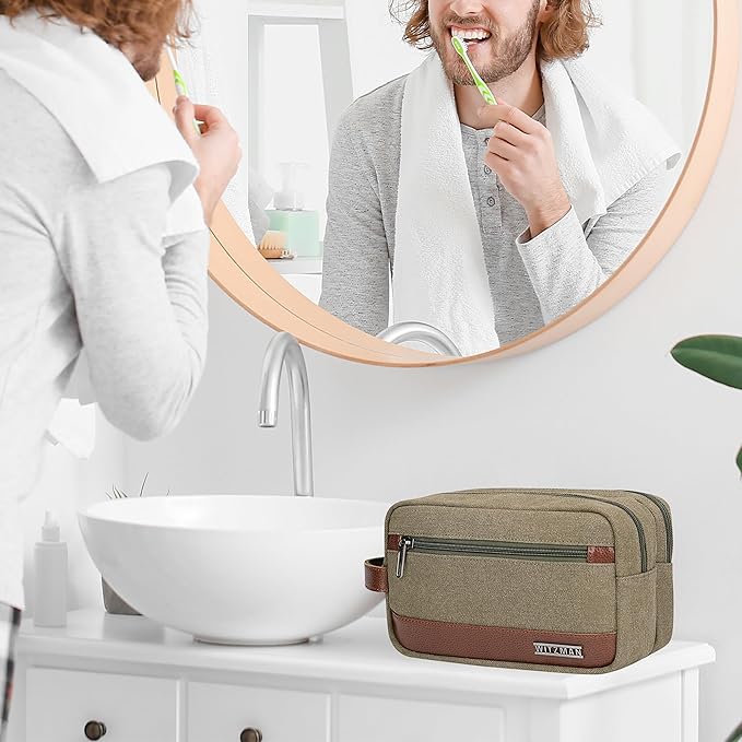 WITZMAN Canvas Toiletry Bag for Men Hanging Dopp Kit Organizer Water-resistant Travel Toiletries bag Men Bathroom Bag with Wet Pocket(A8001 Army Green)