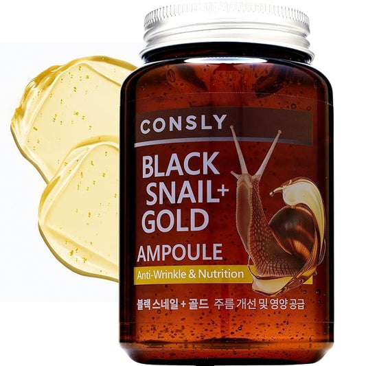 CONSLY_Black Snail Mucus & 24K Gold Ampoule-Serum | Nourishing Anti-Wrinkle Essence for Face, Neck & Décolleté | Hydrating, Revitalizing, Firming | 250ml / 8.45 fl.oz