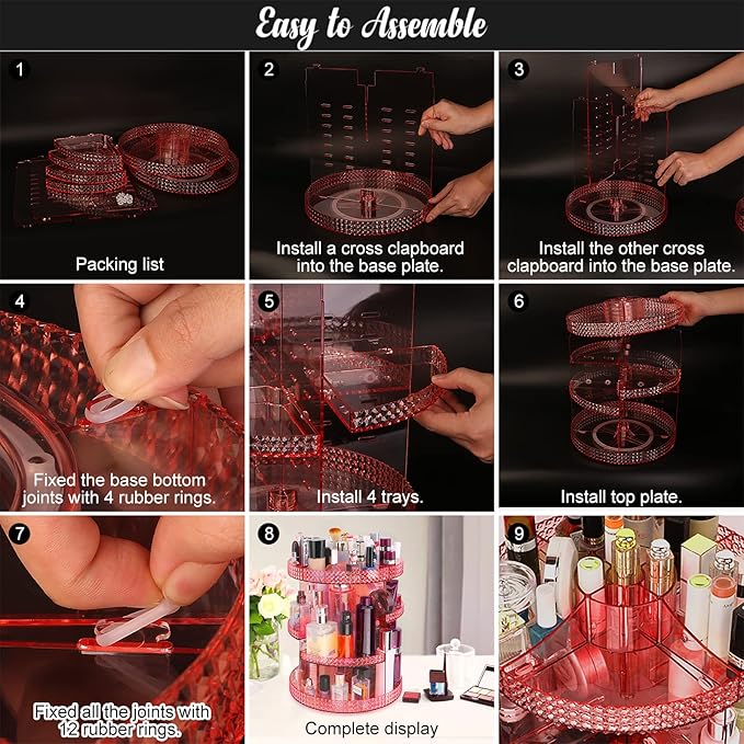 Pink 360 Makeup Organizer Carousel, Makeup Organizer for Vanity, Acrylic Make Up Organizer, Large 7 Layers 360 Makeup Organizer, Fits Makeup Brushes, Lipsticks, Bathroom, Vanity, Plus Size Pink