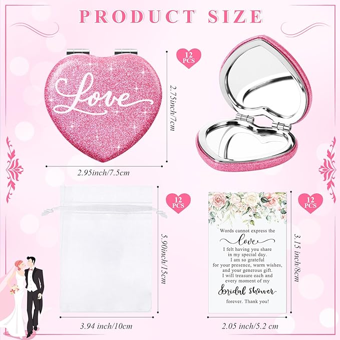 12 Sets Bridal Shower Favors for Guests Include Pink Heart Compact Mirrors Bulk Thank You Cards and Organza Bags Bridal Shower Thank You Gifts Wedding Souvenirs for Bridesmaid