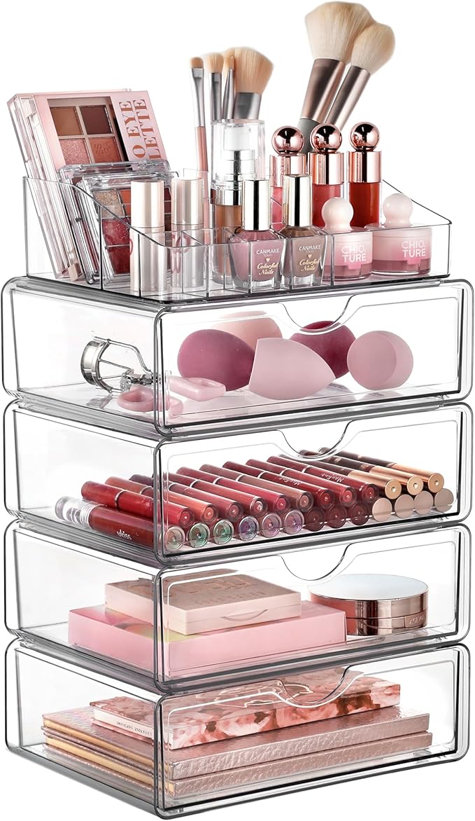 Vtopmart 5 Tier Clear Makeup Organizer with Drawer, Cosmetic Storage for Dresser Countertop and Bathroom Vanity, Beauty Holder for Lipstick Brush Skincare