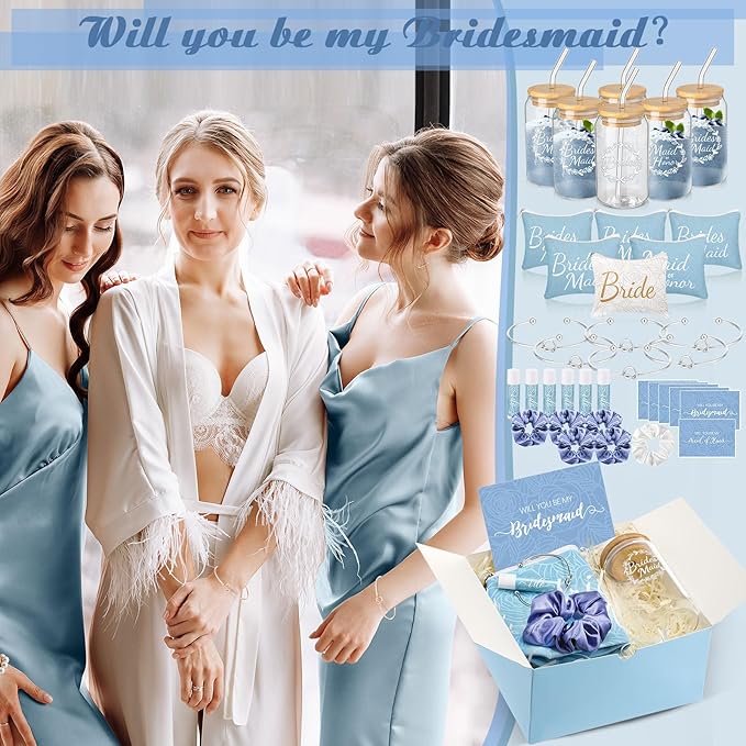 54 Pcs Bridesmaid Proposal Gifts Bridesmaid Box Set Include Bridal Shower Gift Box Makeup Bag Invited Card Glass Cup Lip Balm Scrunchie Hair Knotted Bracelet for Maid of Honor(Blue, White)