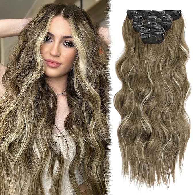 20 Inch Clip in Synthetic Hair Extensions 5Pcs Light Brown Blonde Mix Wavy Curly Hairpieces for Women Thick & Natural-Looking