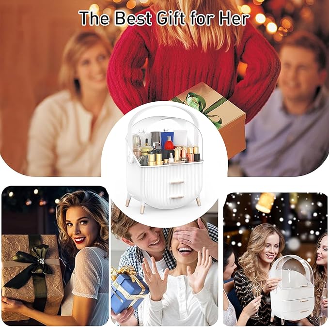 Makeup Organizer with Transparent Lid & 2 Drawers – Large Capacity Cosmetic Skincare Storage Box for Bathroom Vanity, Countertop, Bedroom – Portable and Dustproof, White (11"x7"x14")