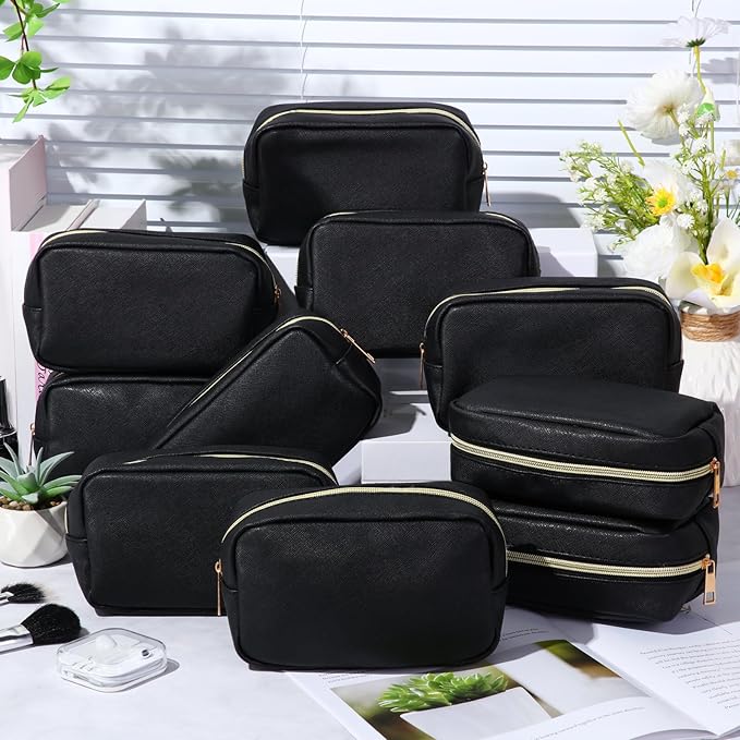 Sweetude 10 Pcs Preppy Makeup Bag Bulk Cosmetic Bag Bridesmaid Gift Wedding Day Bachelorette Party Favor Toiletry Pouch DIY PU Leather Skincare Pouch for Women(Black)