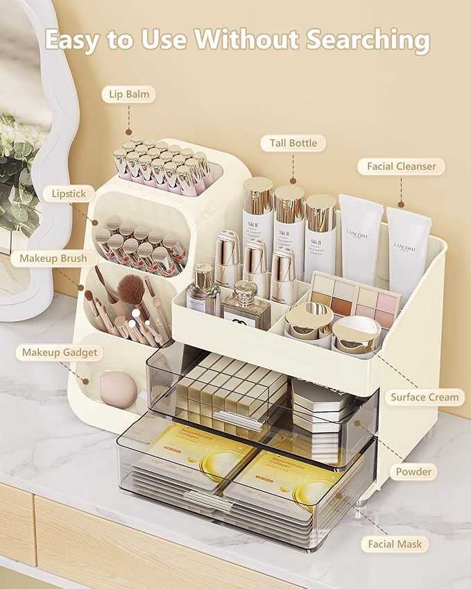 Makeup Organizer with Drawers, Skincare Organizer (Large Size Thick), Storage Box Cosmetic Display Cases, Make up Organizers for Vanity, Dresser, Desk, Kitchen, Countertop (cream)