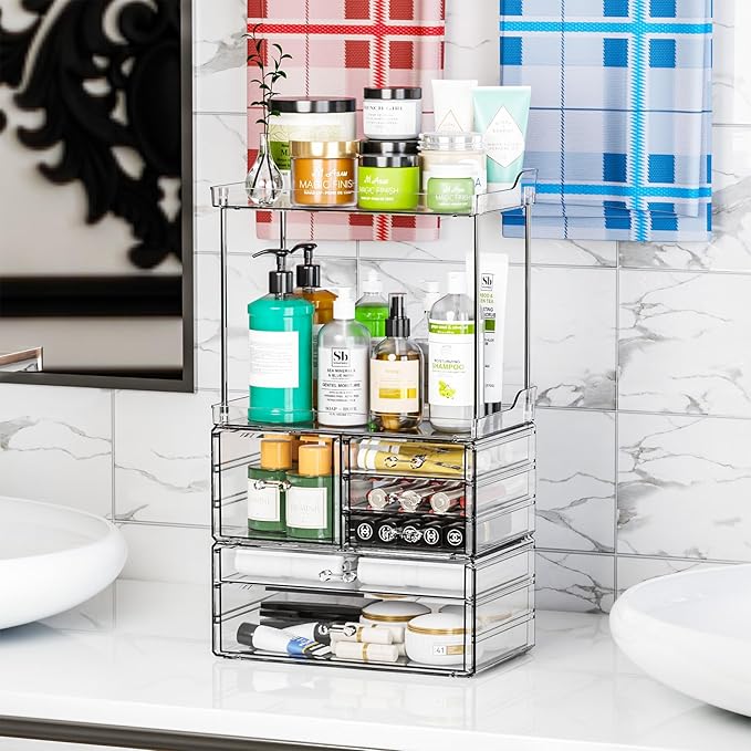3 Tier 6-Drawer Bathroom Counter Organizer Shelf - Stackable Design - 18.9" Tall Large Cosmetic Organizer Suitable as Makeup,Beauty,Face Product,Lotion,Skincare Organizer,Clear