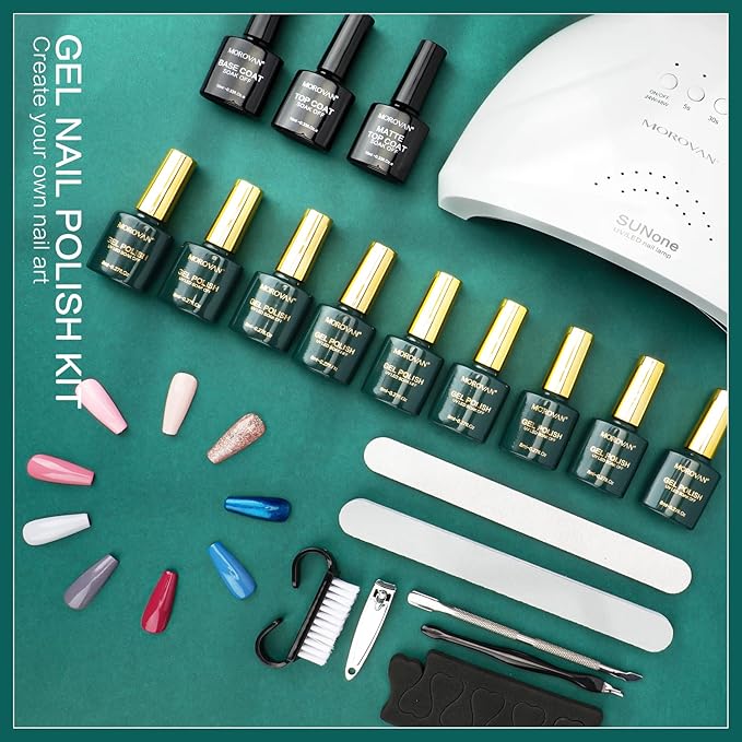 Morovan Gel Nail Polish Kit: with U V Light 9 Colors Gel Nail Polish Set Pink Nude Blue Glitter Gel Polish Nail Art Decorations Manicure Tools DIY Salon Home Gifts