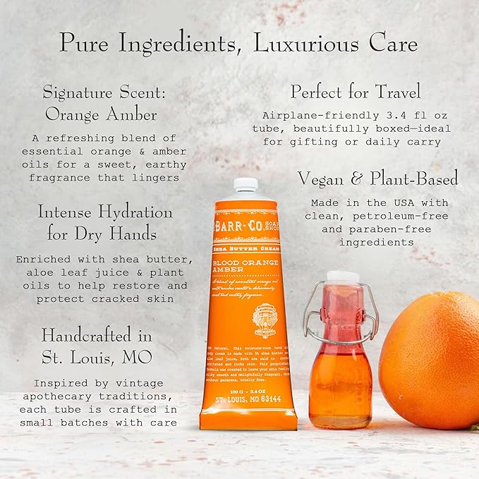 BARR-CO. Soap Shop Hand Cream Blood Orange Amber, Orange & Amber Essential Oils, Hand Cream for Dry & Cracked Hands, Shea Butter Cream, 3.4 fl oz