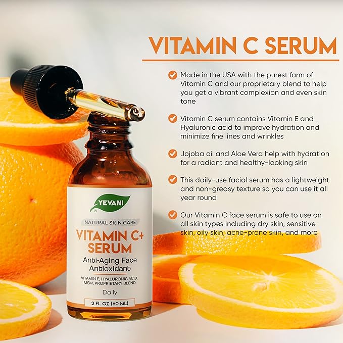 100% Pure Vitamin C Serum for Face with Hyaluronic Acid, Eye Area, Dark Spots, Anti Aging, Hydrating Skin Care with Vitamin E, Aloe Vera, Jojoba Oil, Dry Skin, Fine Lines, Wrinkles, 2 FL OZ
