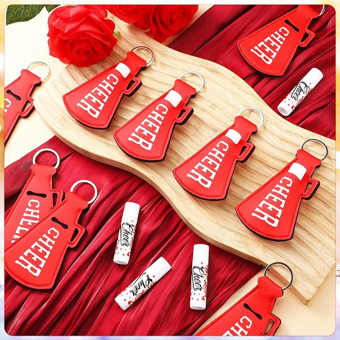 18 Sets Blue Red Cheer Favors Natural Bulk Lip Balm and Moisturizing Lipstick Holder Keychains Set Cheerleader Cheerleading Gift for Team Teen Sports Party Supplies(Red)