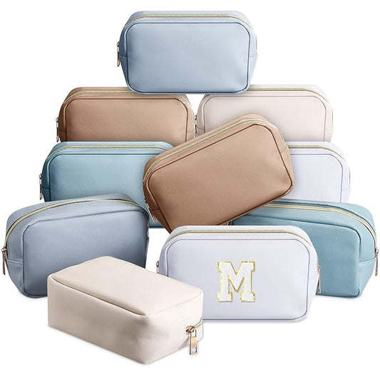Sweetude 10 Pcs Preppy Makeup Bag Bulk Cosmetic Bag Bridesmaid Gift Wedding Day Bachelorette Party Favor Toiletry Pouch DIY PU Leather Skincare Pouch for Women(Morandi Color)