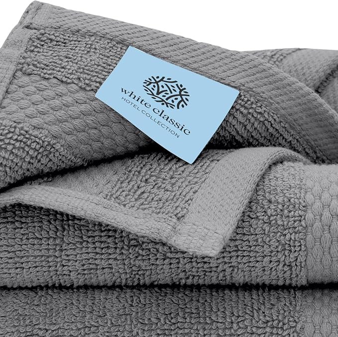 White Classic Light Grey Luxury Cotton Washcloths 12 Pc Set - Large 13x13 Inches Hotel Style Face Towel, High Absorbent Quick Dry Wash Cloths for Home, Spa, Gym, Light Grey, 12 Pack