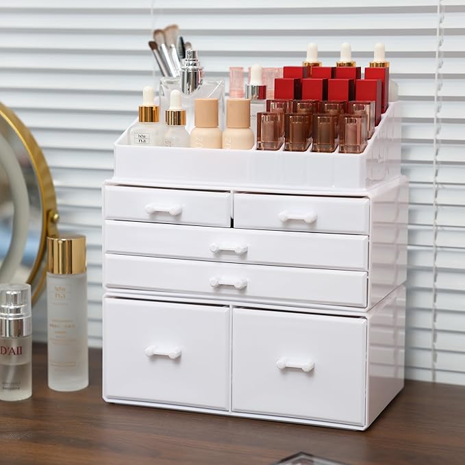 Cq acrylic White Beauty Organizer for Vanity With Stackable 6 Drawers for Cosmetics,Skincare,Lipsticks,Eyeshadow Palette,Nail Care,Makeup Storage for Dresser and Bathroom Countertop,3 Pack Large