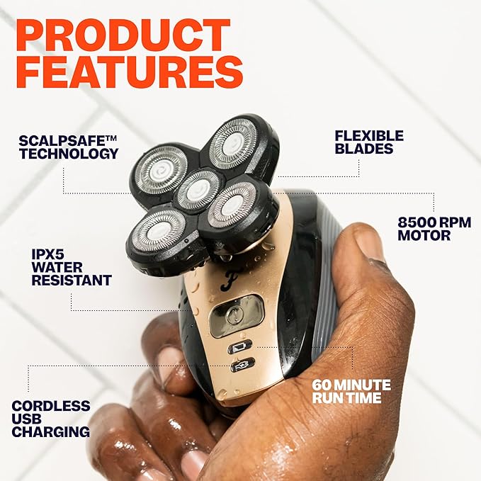 FlexSeries Electric Head & Body Hair Shaver - Mens Cordless Rechargeable Wet/Dry Skull Bald Head Back & Groin Waterproof Razor with Rotary Blades, Clippers, Nose Trimmer, Brush, Massager