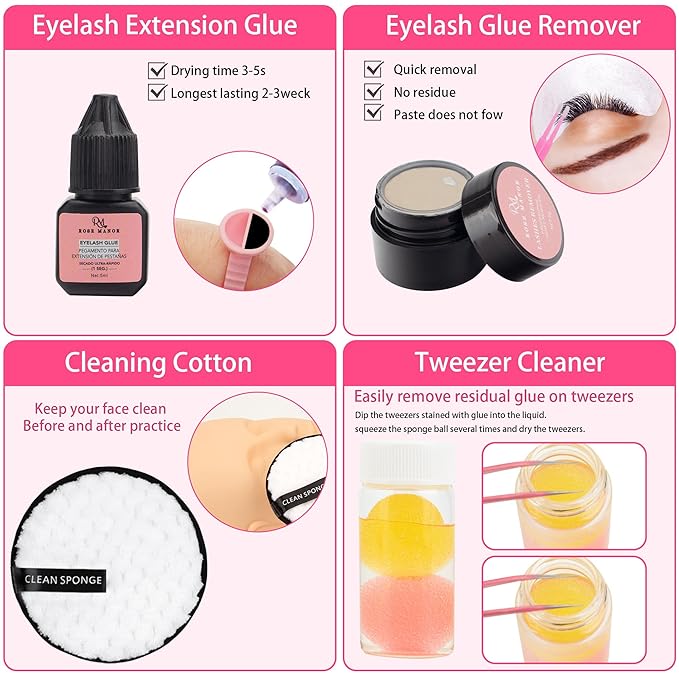 Lash Eyelash Extension Kit, Lash Kit for Eyelash Extension Beginners, with Mannequin Head, Individual Lash Glue, Eyelash Remover, Fan, Lash Extension Supplies Tools for Practice Training