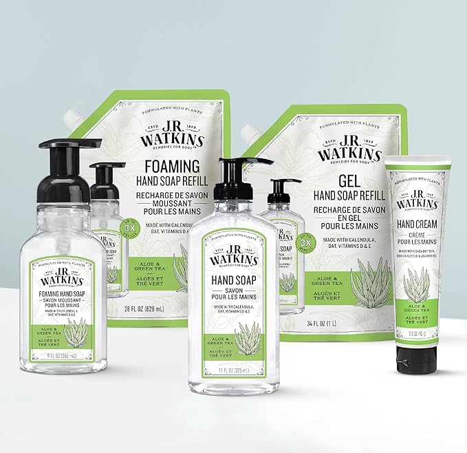 J.R. Watkins Gel Hand Soap Refill, Moisturizing Hand Wash, All Natural, Alcohol-Free, Cruelty-Free, USA Made, Aloe Green Tea, 34 Fl Oz, 3 Pack