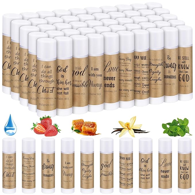 50 Pack Religious Lip Balm for Women Lip Balm with Scripture Bulk Christian Gifts Faith Bible Verse Scripture Inspirational Gift Party Favors Coworkers 10 Styles(Rustic)