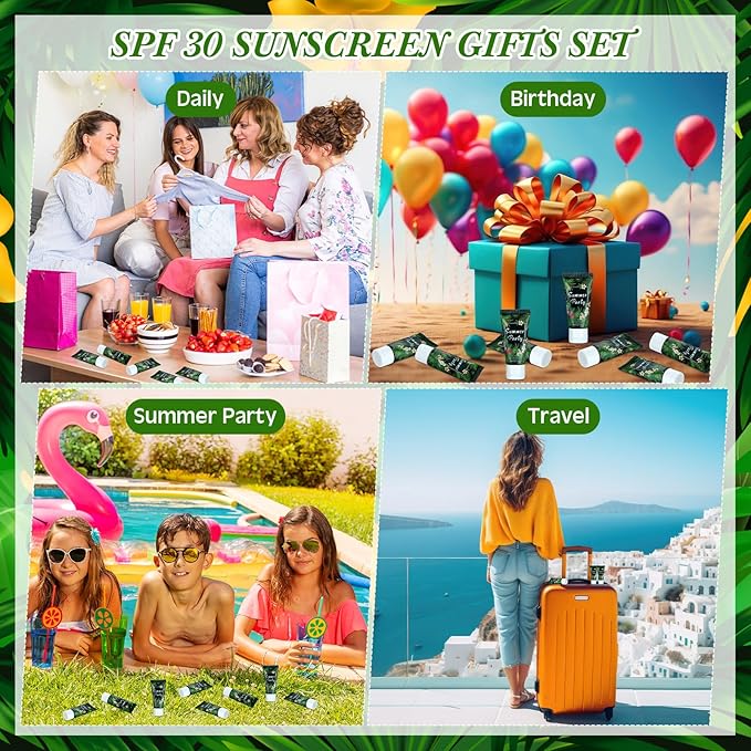 24 Pcs Mini Sunscreen Bulk for Summer Wedding Party Spf 30 Water Resistant Sunscreen Lotion Bulk 1oz Travel Size for Thank You Gifts Wedding Party Supplies(White Cream,Tropical)