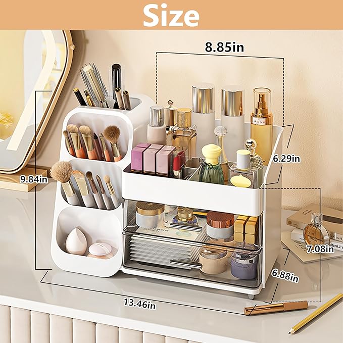 Makeup Organizer for Vanity, Large Capacity Display Case with Drawers for Skincare, Brushes, Lipsticks, Cosmetics, Perfect for Bathroom, Bedroom Storage(White)