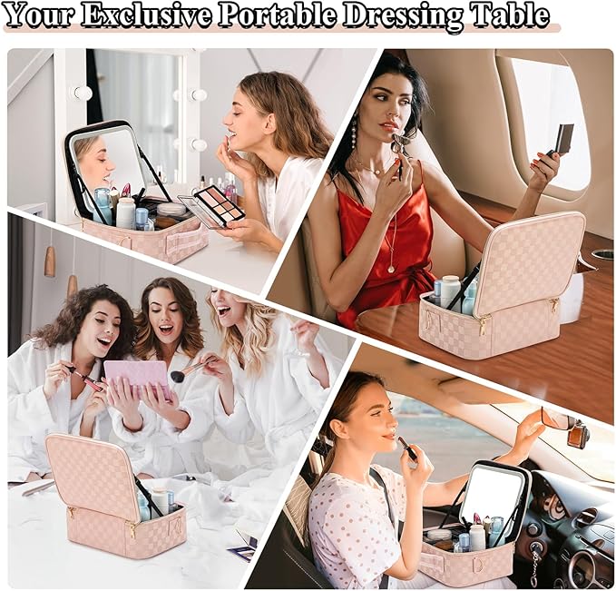 Travel Makeup Bag With LED Mirror - 3 Color Setting Cosmetic Box Organizer Vanity Case for Women Beauty Tools Accessories - Rechargeable (Pink, Middle)