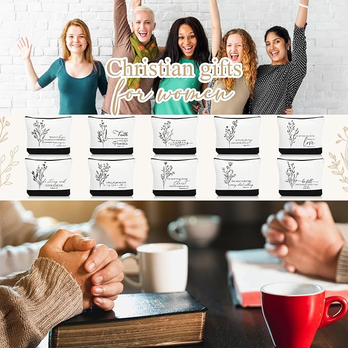 10Pcs Christian Gifts for Women Religious Cosmetic Bags Inspirational Bible Verse Pencil Pouch Canvas Makeup Bags Bulk with Zipper for Mother Sister Church Favors
