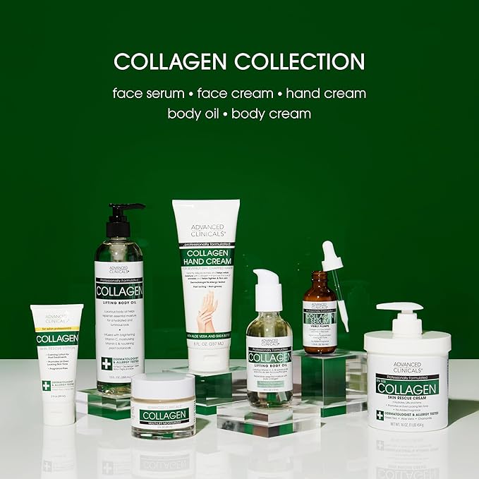 Advanced Clinicals Collagen Body Oil + Collagen Cream Body Lotion & Face Cream Beauty Skin Care 2PC Bundle – Tighten, Firm, & Hydrate Moisturizer Set For Scars, Wrinkles, Crepey Skin, & Stretch Marks