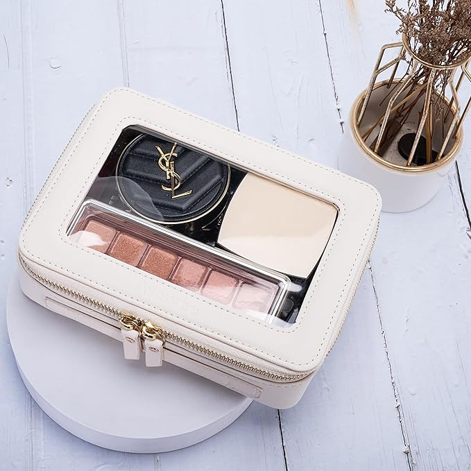 Aveniee Large Clear Makeup Bag Cosmetic bags, Travel Toiletry Bag for Women, Clear Make up Bag Case, Chic Makeup Pouch with Transparent Vinyl Windows & Gold Zippers(White)