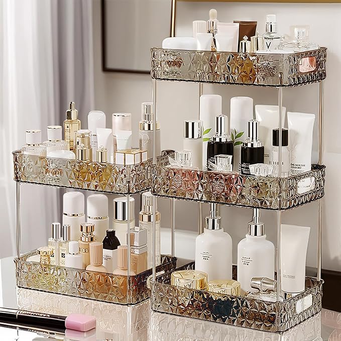Makeup Organizer for Vanity,Bathroom Countertop Skincare Organizer,Makeup Counter Shelf Perfume Holder Rack,Cosmetic Display Case(Clear Black, 2 Tier)