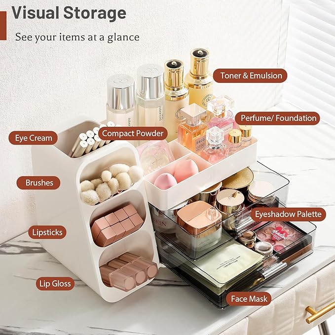 Aveniee Makeup Organizer with Drawers for Vanity, Big Cosmetic Display Case with Makeup Brush Holder, Bathroom Coutertop Organizers and Storage for Skincare Beauty Essentials (White)