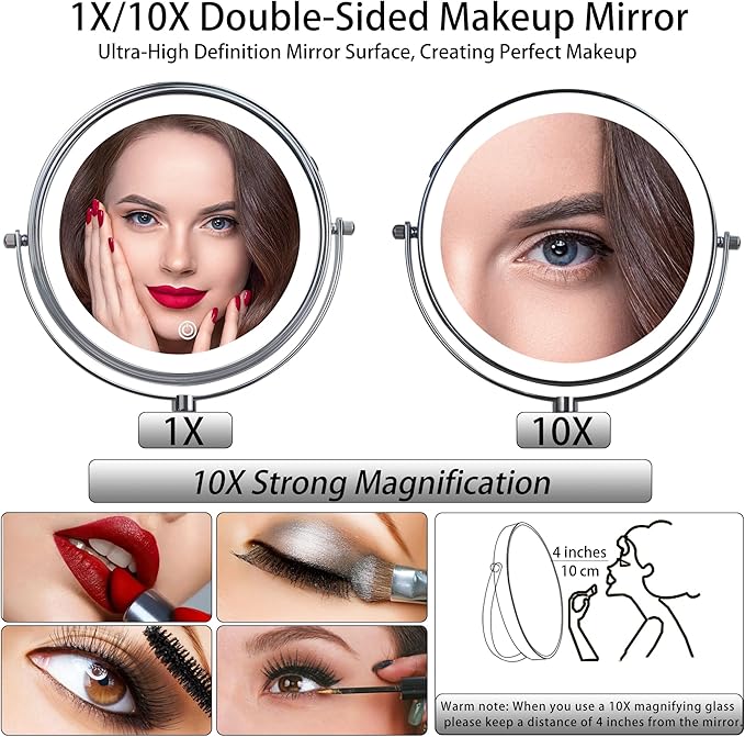 JANEEVA 8" Wall Mounted Lighted Makeup Mirror,Rechargeable Double Sided 1X/10X Magnifying Mirror with 3 Color Lights,Touch Dimmable Bathroom Vanity Mirror with 360°Swivel Extendable Arm Chrome