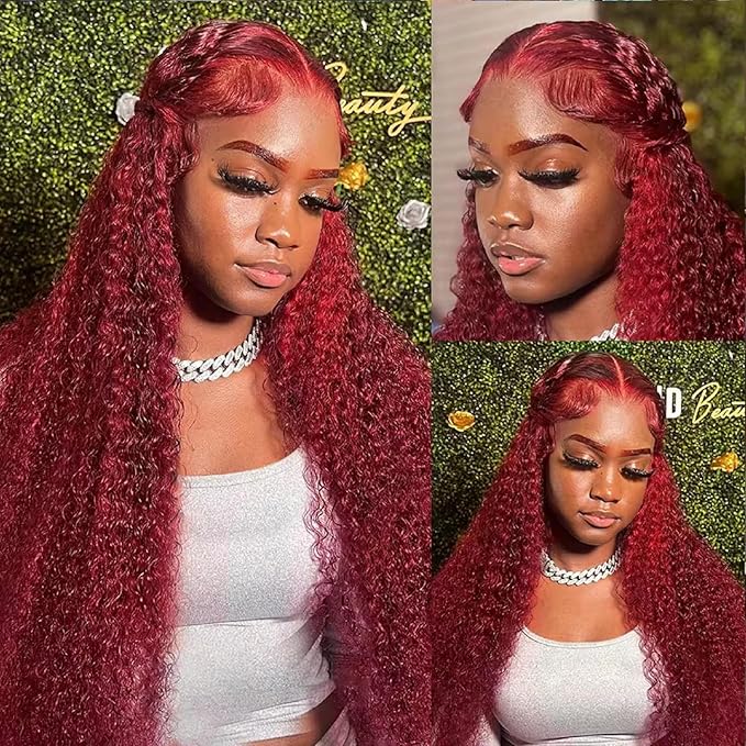 28 Inch 99j Burgundy Deep Wave Lace Front Wigs Human Hair 180% Density 13x4 Lace Front Wigs Human Hair Pre Plucked Wine Red Curly Wet Wavy Wig Human Hair Glueless HD Full Lace Frontal Wigs For Women