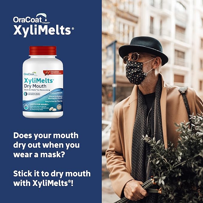 Oracoat XyliMelts for Dry Mouth Night Time or Day - Moisturizing Dry Mouth Adhering Discs, Sugar Free with Xylitol, 100 Count, Cinnamon, 8-Hour Relief