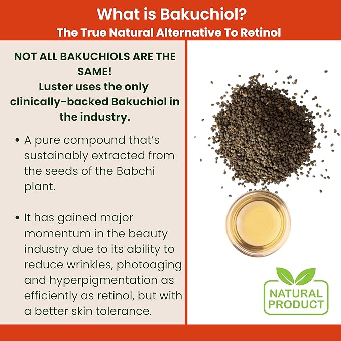 Luster Bakuchiol Retinol Alternative Face Oil For Anti-Aging, Fine Lines, Boost Glow, Antioxidant Nourishing Blend with Bakuchiol, Astaxanthin, Rosehip, Meadowfoam, Squalane, Pomegranate, Made In USA